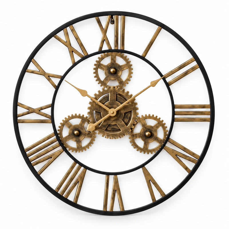 Horloge murale industrielle à engrenages métalliques — vue studio