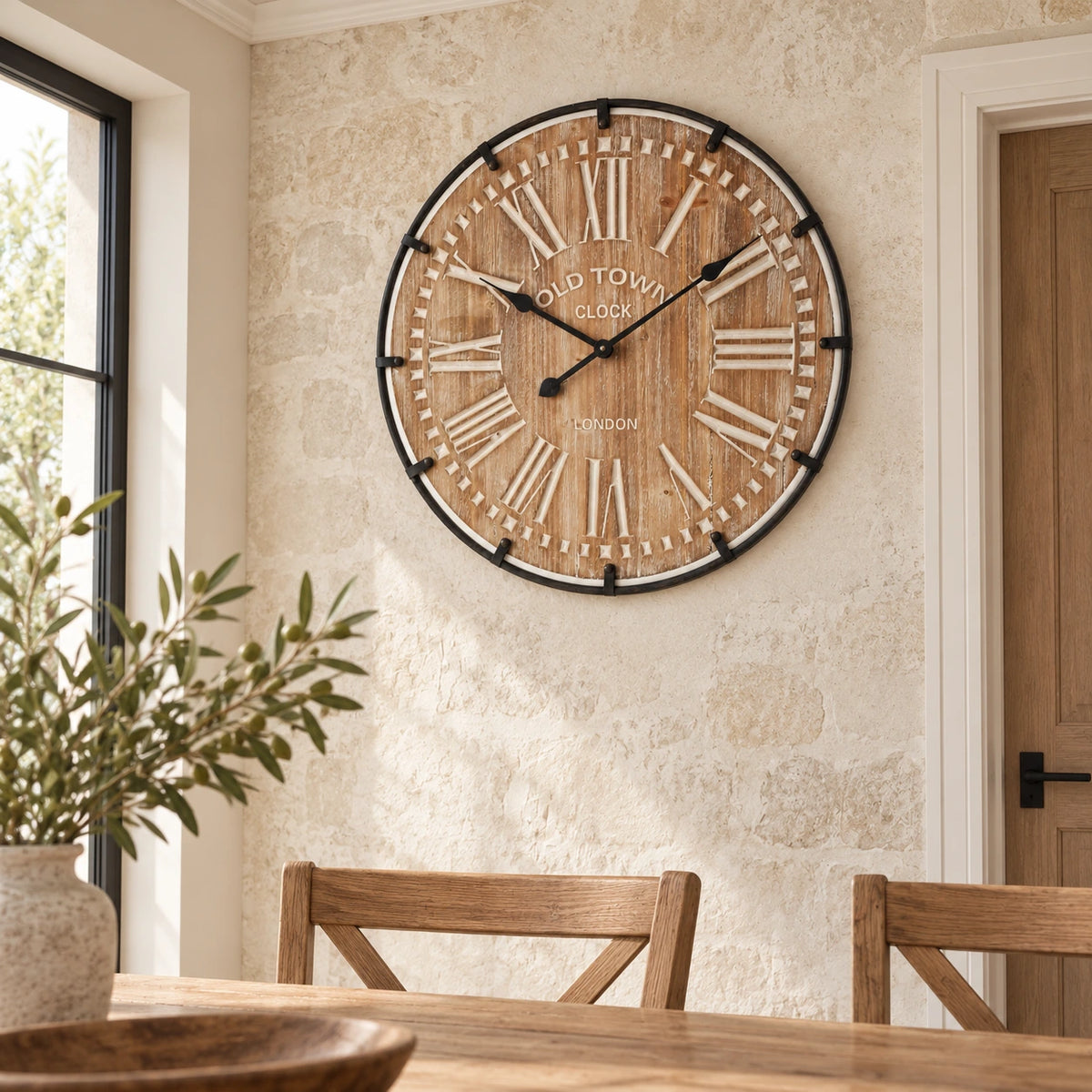 Horloge industrielle bois et métal — salle à manger