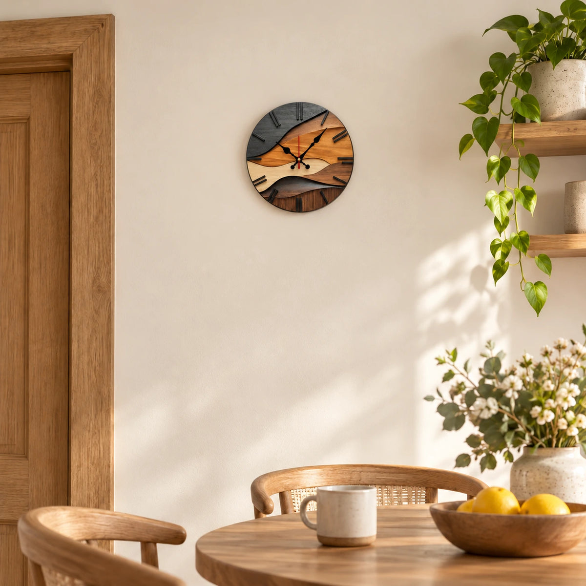 Horloge murale effet bois en strates — 25 cm — mise en situation à échelle corrigée
