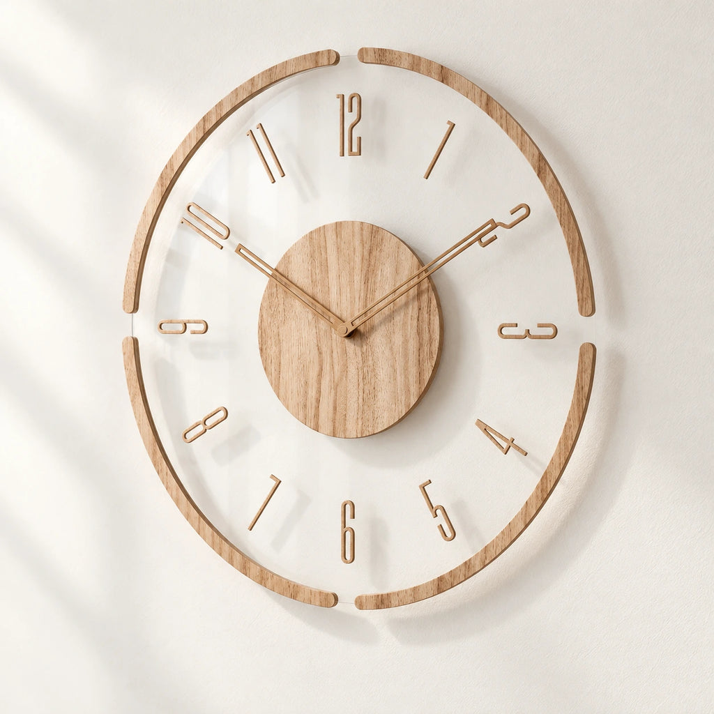 Horloge murale en bois minimaliste — vue de trois quarts