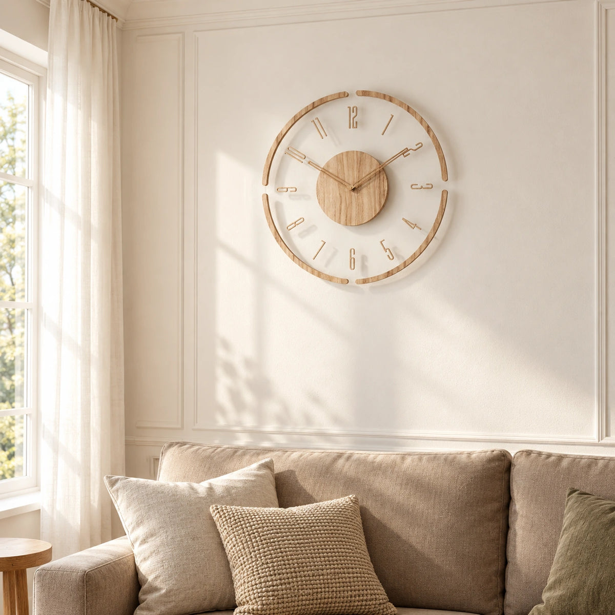 Horloge bois minimaliste 40 cm — mise en situation en salon