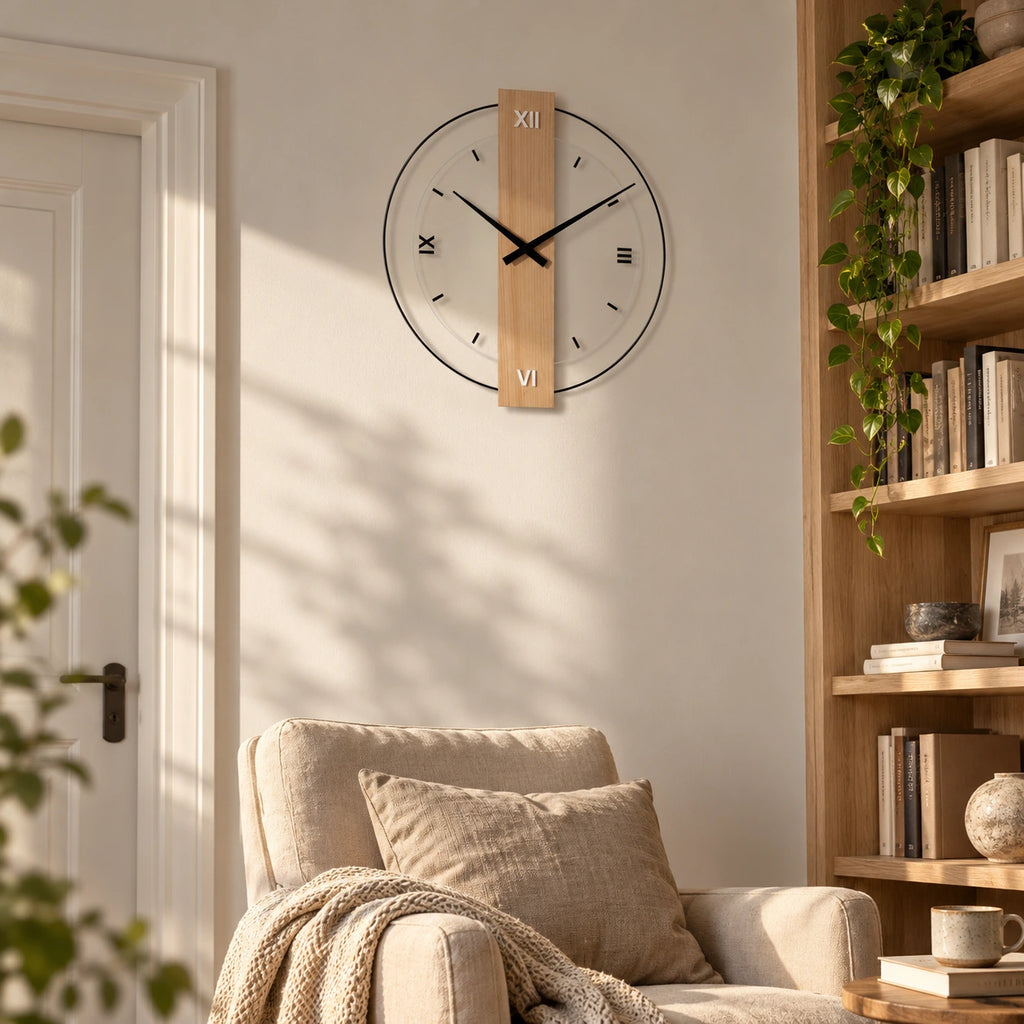 Horloge murale design en bois — mise en situation