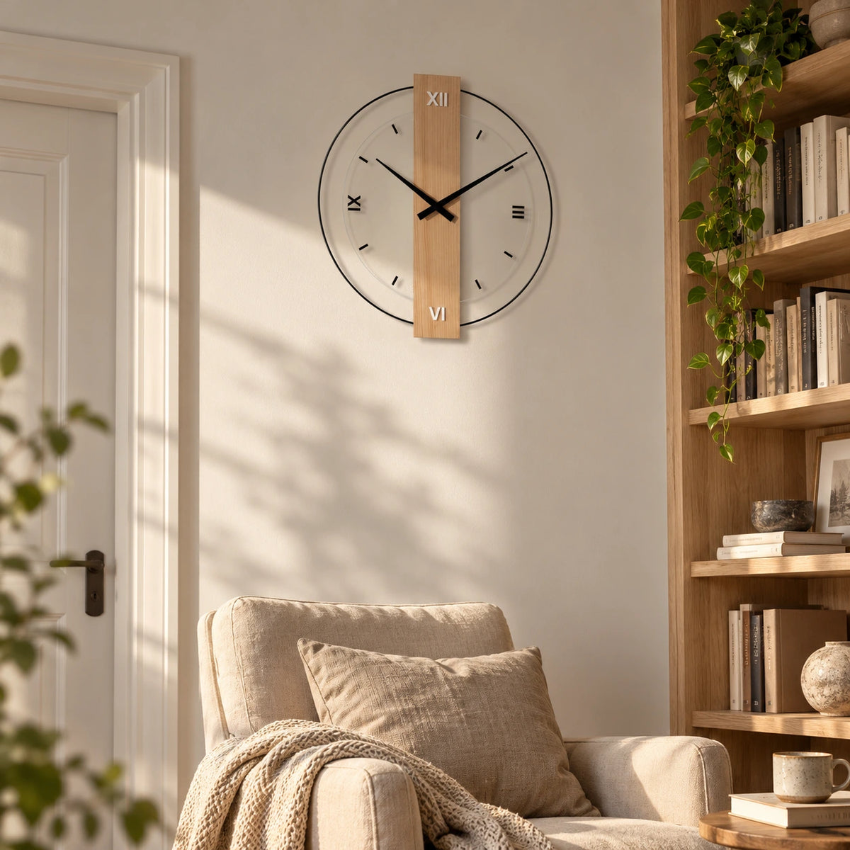 Horloge murale design en bois — mise en situation
