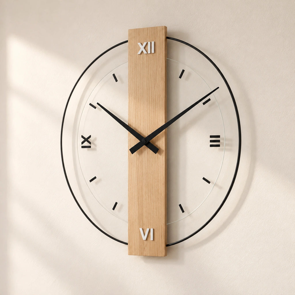 Horloge murale design en bois — vue de trois quarts