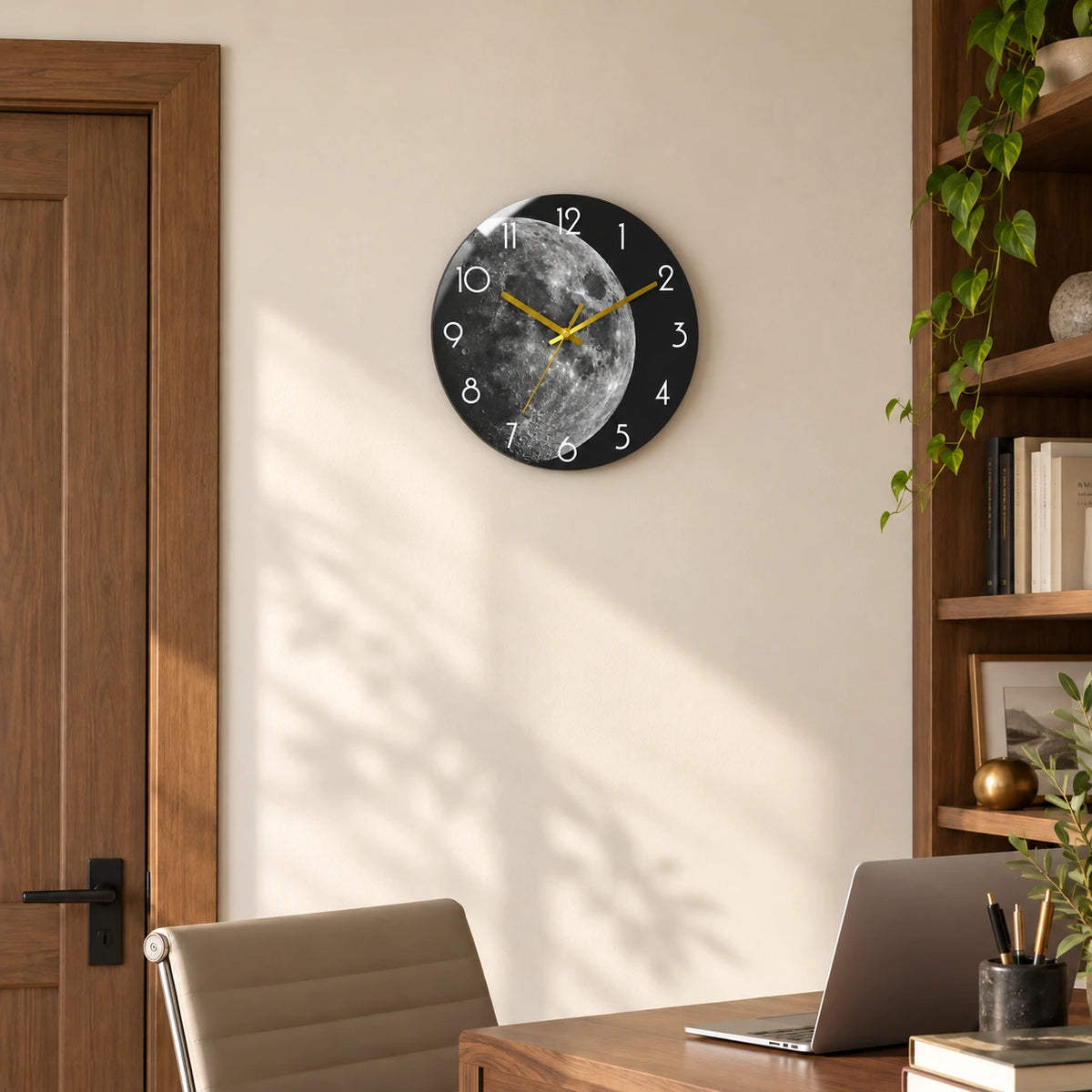 Horloge murale effet miroir lune — 40 cm — mise en situation à échelle corrigée