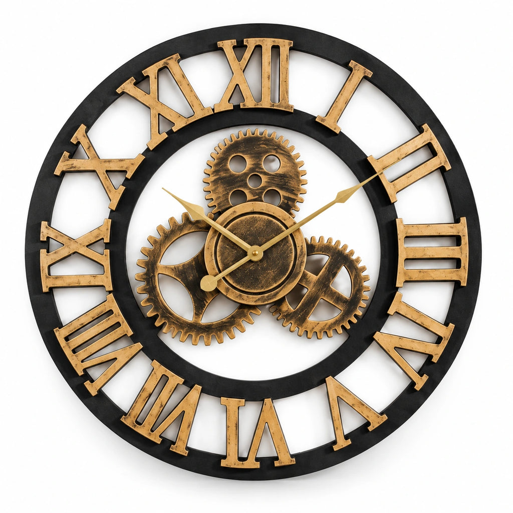Horloge murale vintage à décor engrenages — vue studio