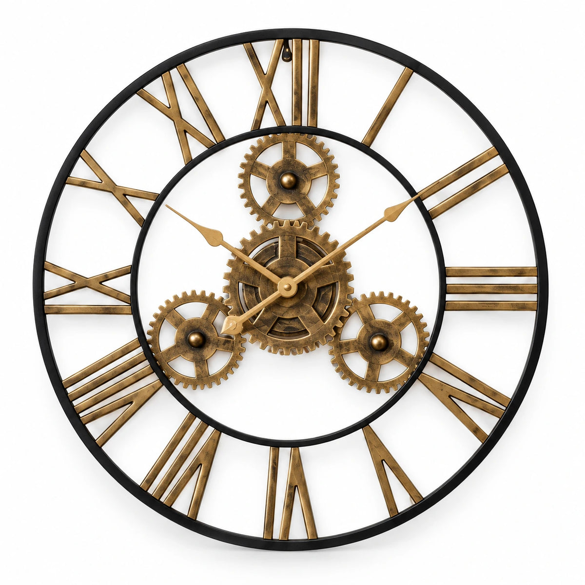Horloge murale industrielle à engrenages métalliques — vue studio