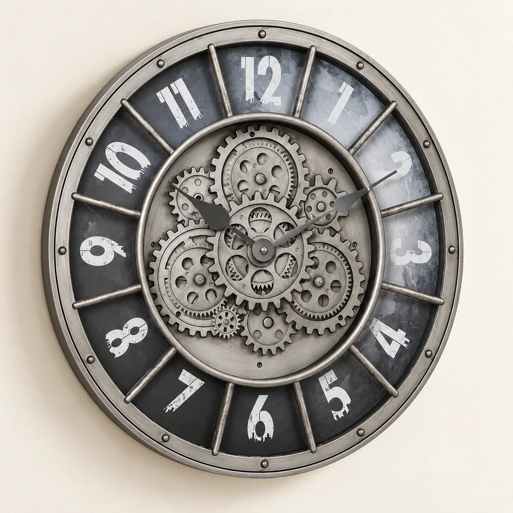 Horloge murale industrielle à décor engrenages — vue de trois quarts