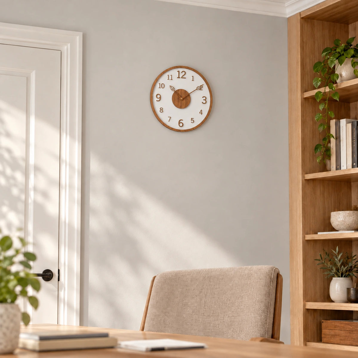 Horloge murale minimaliste effet bois — 30 cm — mise en situation à échelle corrigée
