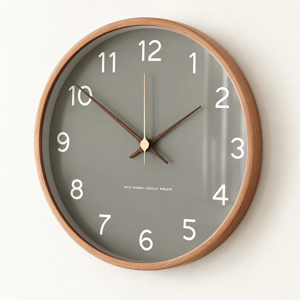 Horloge murale nordique en bois — vue de trois quarts