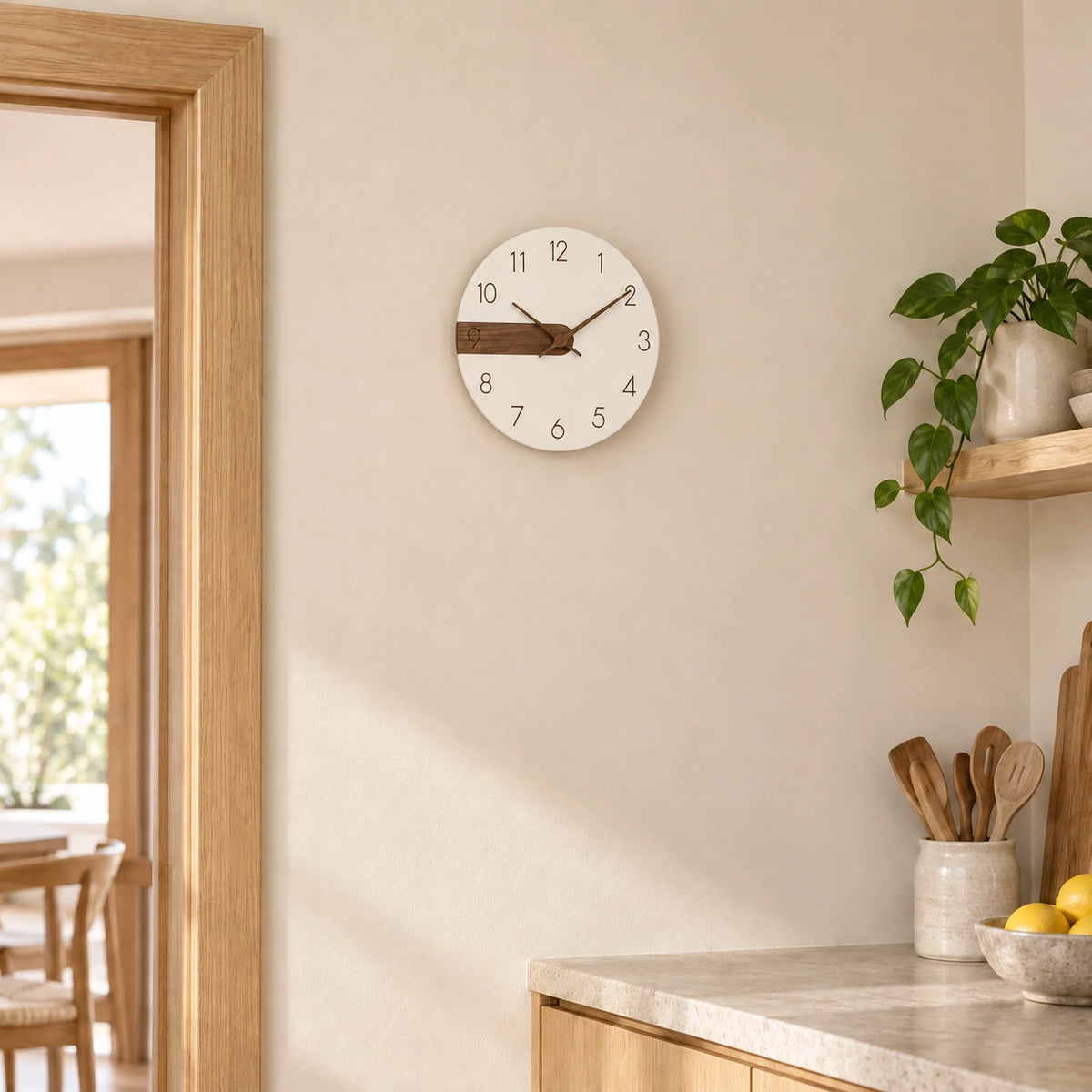 Horloge murale scandinave bois et blanc — 30 cm — mise en situation à échelle corrigée
