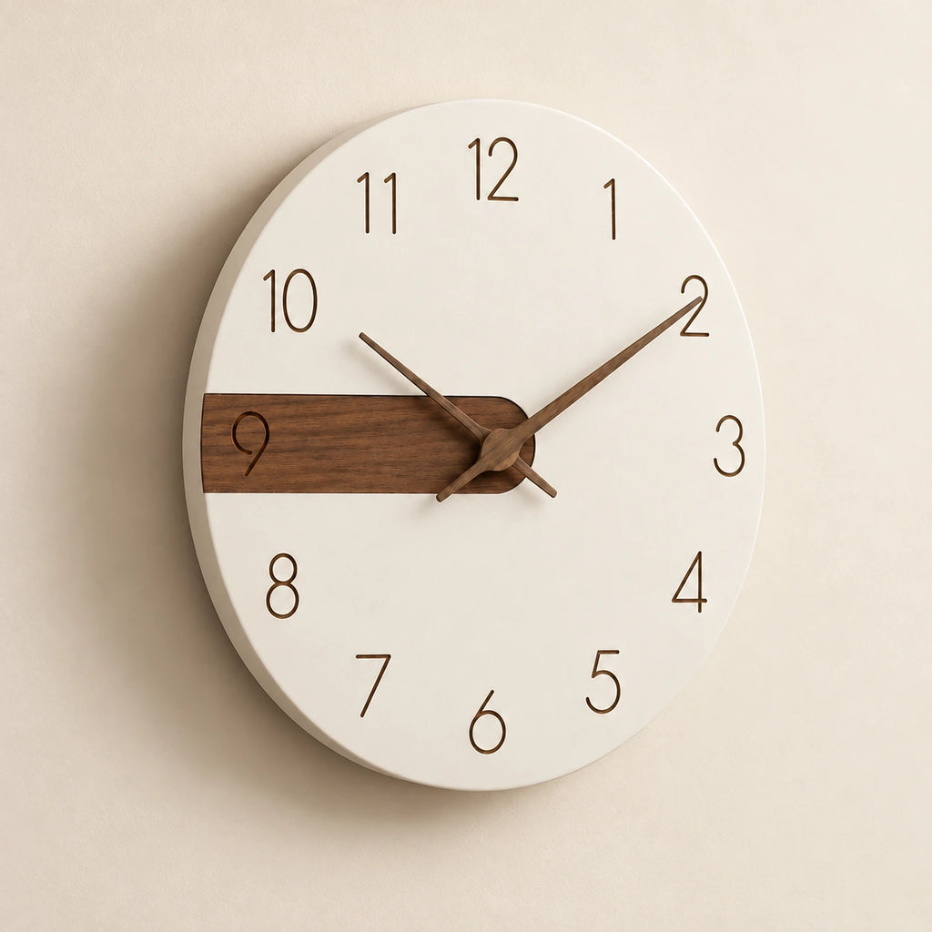 Horloge murale scandinave bois et blanc — 30 cm — vue de trois quarts