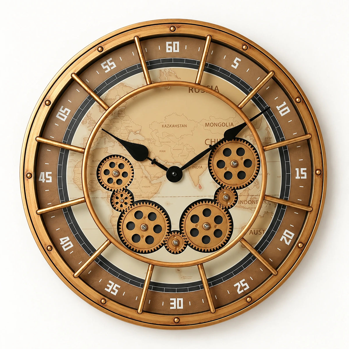 Horloge murale industrielle à décor engrenages — C — vue studio