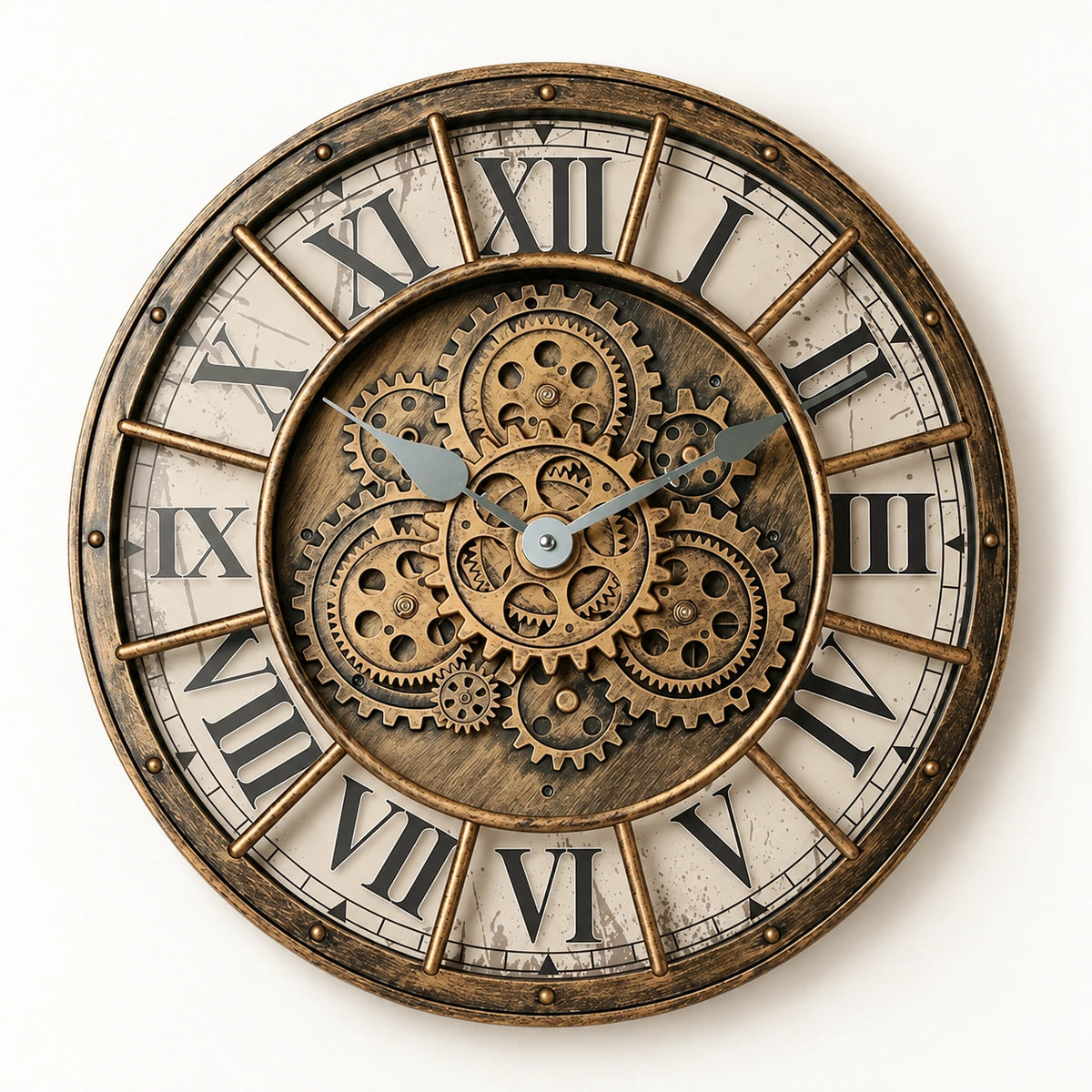 Horloge murale industrielle à décor engrenages — A — vue studio
